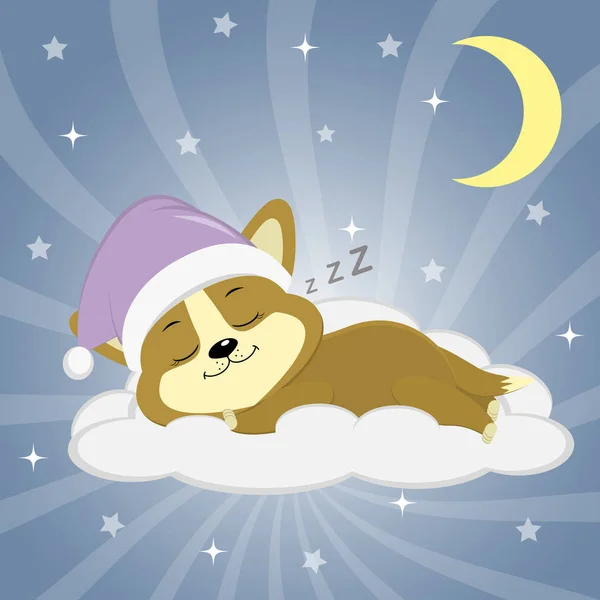 Милый щенок Корги в розовой шляпе спит на облаке на фоне ночного неба, луны и звезд . — стоковый вектор