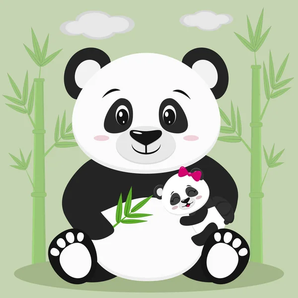 A sweet panda sits and holds a baby with a pink bow and a bamboo branch, against a background of bamboo trees and clouds.