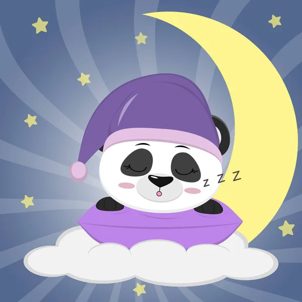 Dulce panda con sombrero violeta para dormir, durmiendo sobre una almohada. Se encuentra en una nube y una luna grande sobre el fondo del cielo nocturno . — Archivo Imágenes Vectoriales