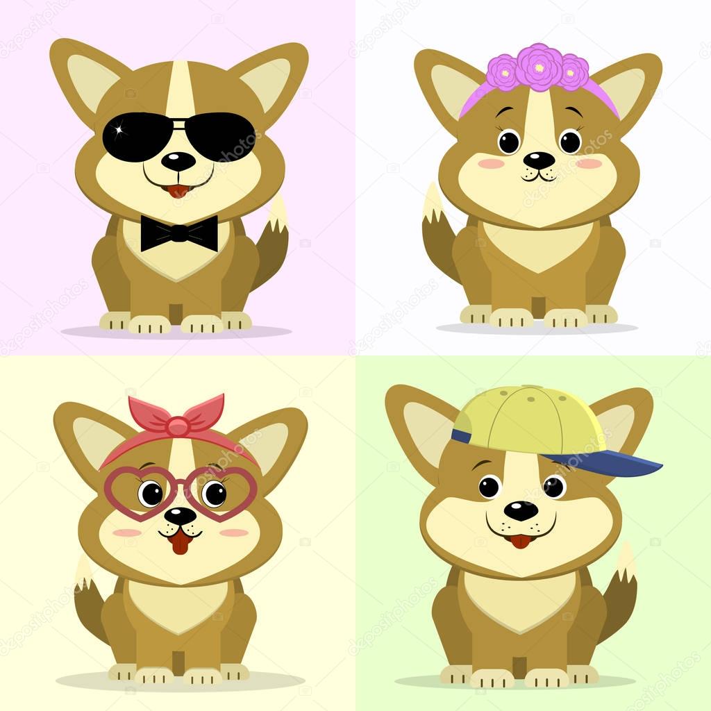 A set of cute dog characters in different images in the style of a cartoon.
