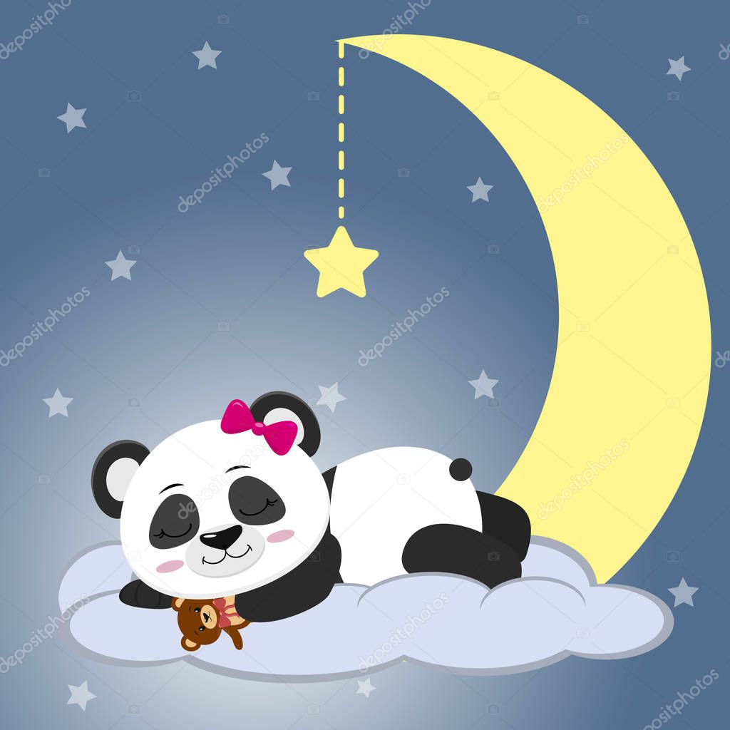 The sweet panda is sleeping on a cloud and a big moon, holding a bear, against the background of the night sky. Style cartoon, flat, vector.