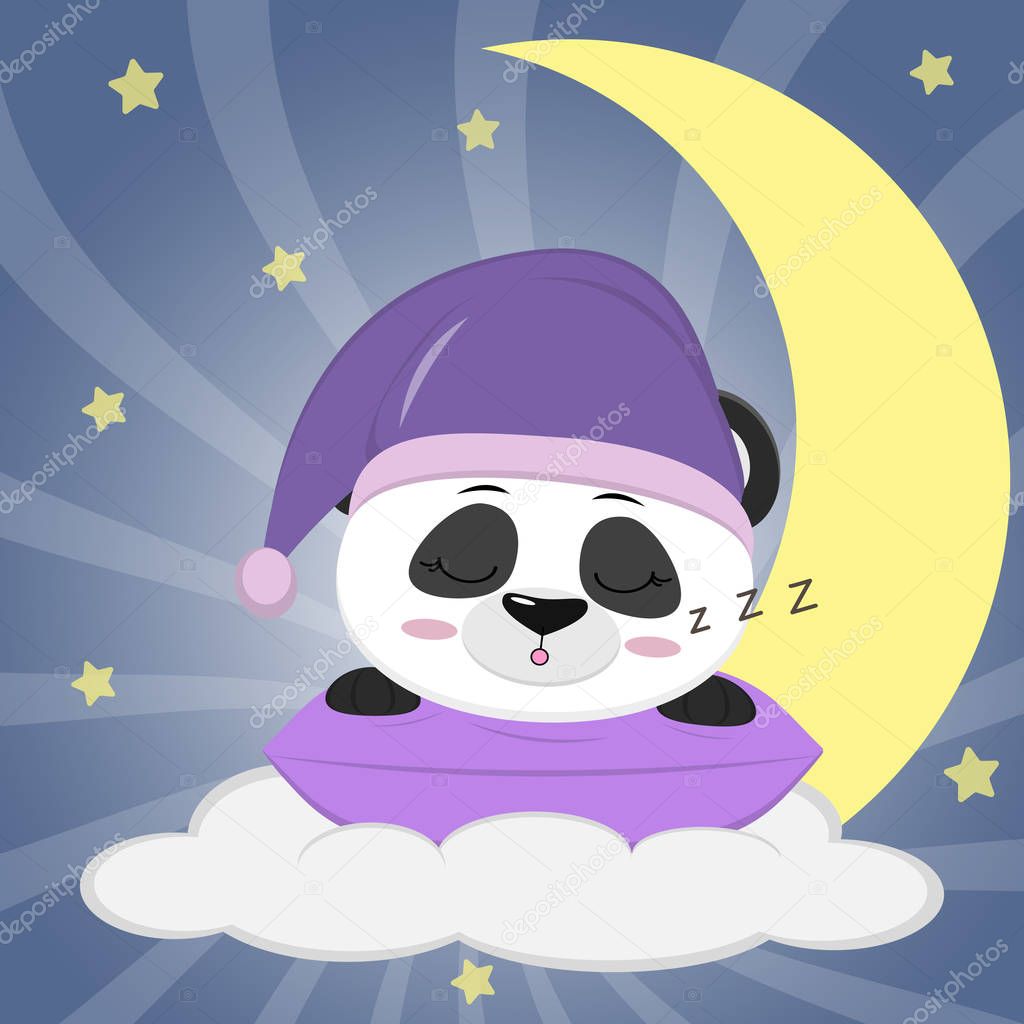 Sweet panda in a violet hat for sleeping, sleeping on a pillow. Lies on a cloud and a big moon against the background of the night sky.