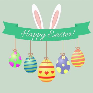 Paskalya bunny kulaklar, yeşil şerit ve Paskalya yumurtası. Tebrikler mutlu Paskalya.
