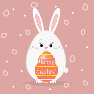 Paskalya tavşanı standları ve kırmızı bir Paskalya yortusu yumurta tutar. Paskalya için tebrikler.