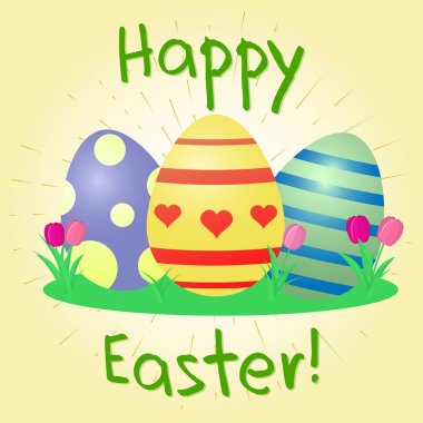 Çok renkli Paskalya yumurtaları ve laleler, altın ışınları çerçevede bir dizi. Mutlu Paskalya.