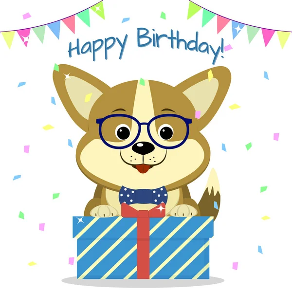 Il cucciolo Corgi in bicchieri e papillon è seduto e regge una scatola con un regalo sullo sfondo di coriandoli e bandiere. Buon compleanno. . — Vettoriale Stock