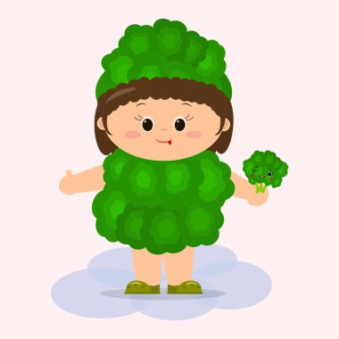 Brokoli takım elbise sevimli bir çocukta bir sebze elinde tutuyor.