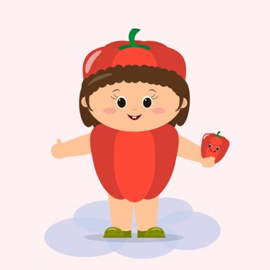 Sevimli kırmızı biber elbiseli bir sebze elinde tutuyor.