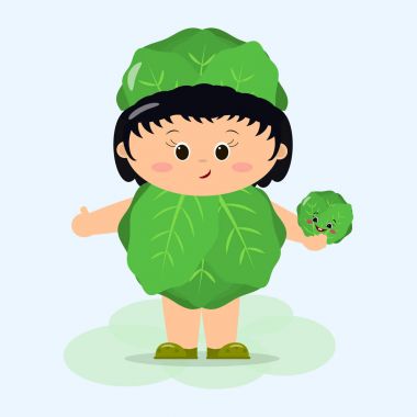 Lahana takım elbise sevimli bir çocukta bir sebze elinde tutuyor.