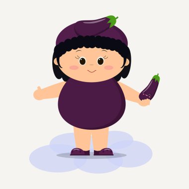 Patlıcan takım elbise sevimli bir çocukta bir sebze elinde tutuyor.