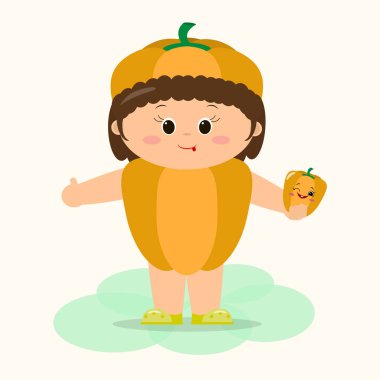 Turuncu biber takım elbise sevimli bir çocukta bir sebze elinde tutuyor.