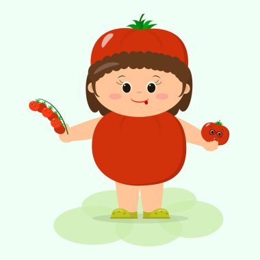 Domates takım elbise sevimli bir çocukta bir sebze elinde tutuyor.