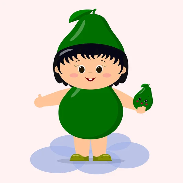 Um garoto bonito de fato de abacate está segurando um vegetal em suas mãos . — Vetor de Stock