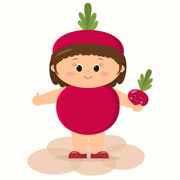 Симпатична дитина в буряковому костюмі тримає в руках овоч . — стоковий вектор