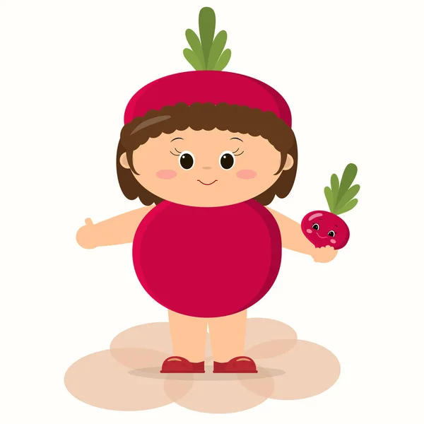 Un niño lindo en traje de remolacha está sosteniendo un vegetal en sus manos . — Vector de stock