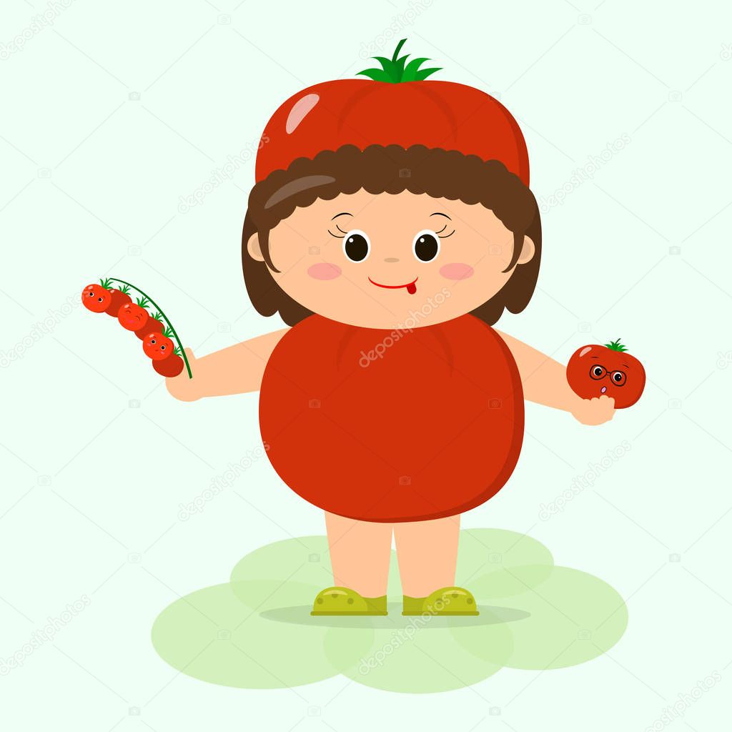 A cute kid in tomato suit is holding a vegetable in his hands.