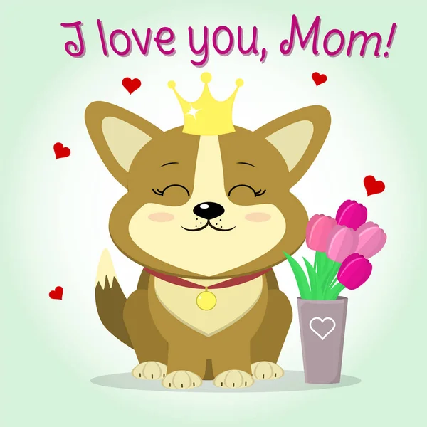 Cachorro Corgi se sienta al lado de un jarrón con tulipanes rosados, estilo de dibujos animados. Enhorabuena. Feliz Día de las Madres . — Archivo Imágenes Vectoriales