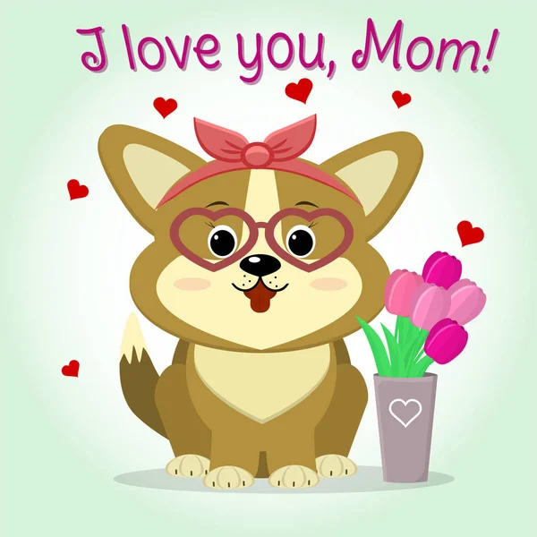 子犬のコーギーは、ピンクのチューリップ、漫画のスタイル花瓶の横に座っています。おめでとうございます。幸せな母の日. — ストックベクタ