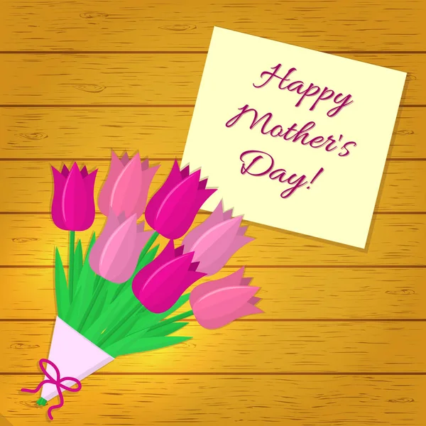 Ramo de siete tulipanes rosados, una pegatina con texto en el fondo de una textura de madera. Enhorabuena. Día de las Madres . — Archivo Imágenes Vectoriales