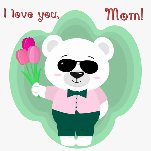 Un bonito oso polar tiene tres tulipanes. Felicidades en el día de tu madre, al estilo de los dibujos animados . — Archivo Imágenes Vectoriales