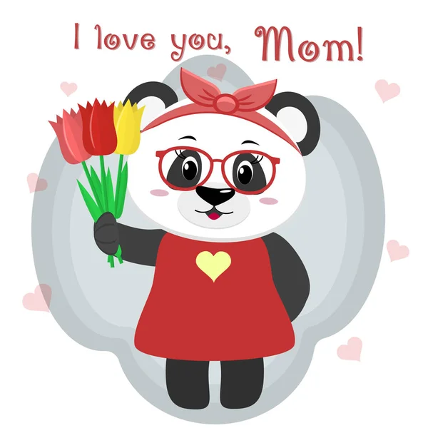 Sweet panda holds three tulips. Congratulations on your mothers day, in the style of cartoons. — Stock Vector