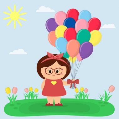 Bir kız kırmızı bir elbise ve gözlük tutan Balonlar, Lale, güneş ve gökyüzü ile bir glade.