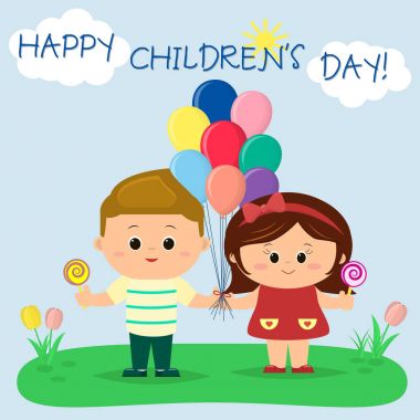 Bir erkek ve bir kız balonlar ve lolipop gökyüzü ve güneş karşı bir açıklıkta tutuyor.