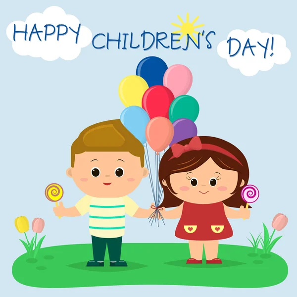 Bir erkek ve bir kız balonlar ve lolipop gökyüzü ve güneş karşı bir açıklıkta tutuyor.