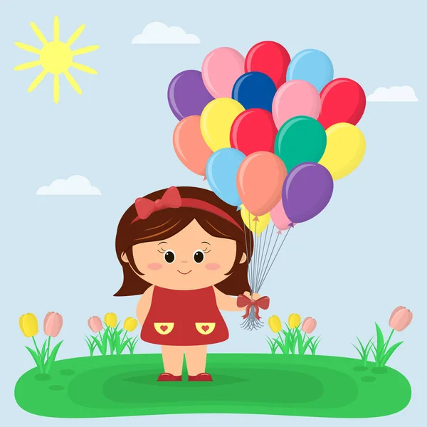 Una chica con un vestido rojo y arco sostiene globos, un claro con tulipanes, el sol y el cielo . — Vector de stock