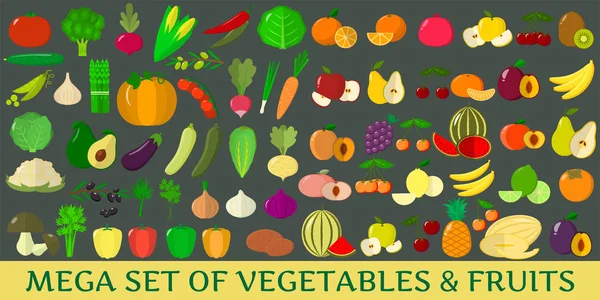 Mega σύνολο από φρέσκα λαχανικά και φρούτα απεικονίσεις σε σκούρο φόντο. — Διανυσματικό Αρχείο