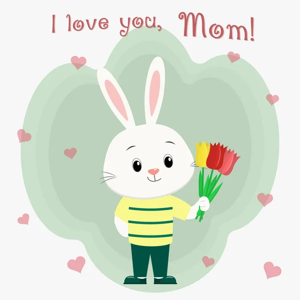 Ein kleiner Hase in Kleidern hält drei Tulpen. Muttertag, Zeichentrickfilm. — Stockvektor