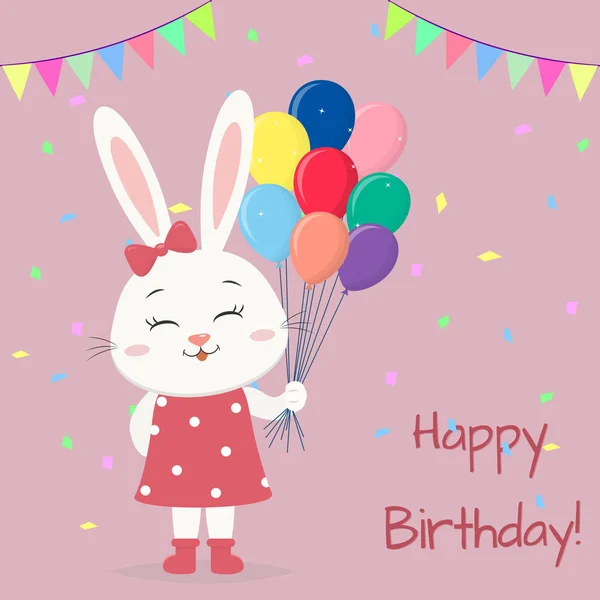Beyaz bir tavşan bir elbise ve bir yay ile ayakta ve birçok farklı topları içinde paws tutarak. Doğum günün kutlu olsun. — Stok Vektör