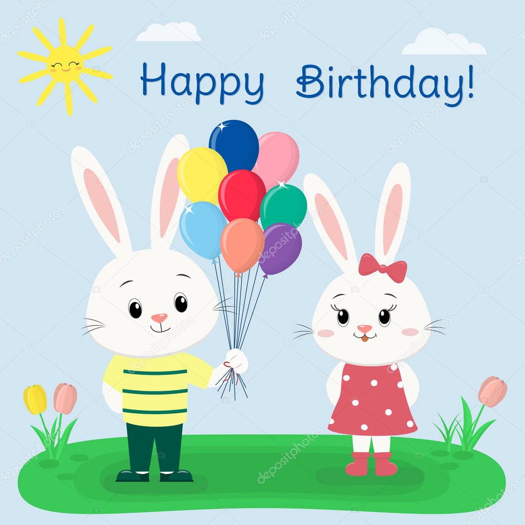 Two white rabbits in clothes in a summer glade. The boy gives the balloons to the girl. Cartoon style, Happy birthday.