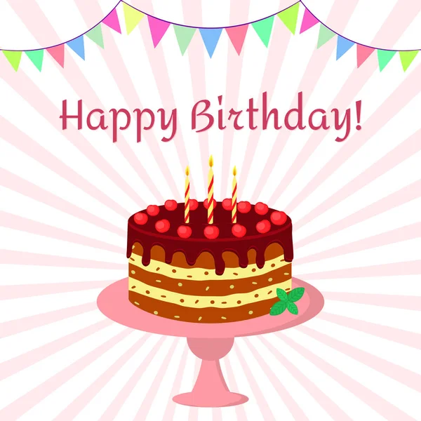 생일 케이크와 초콜릿 크림, 체리 핑크 플레이트에 촛불. 빔 및 플래그의 배경. — 스톡 벡터