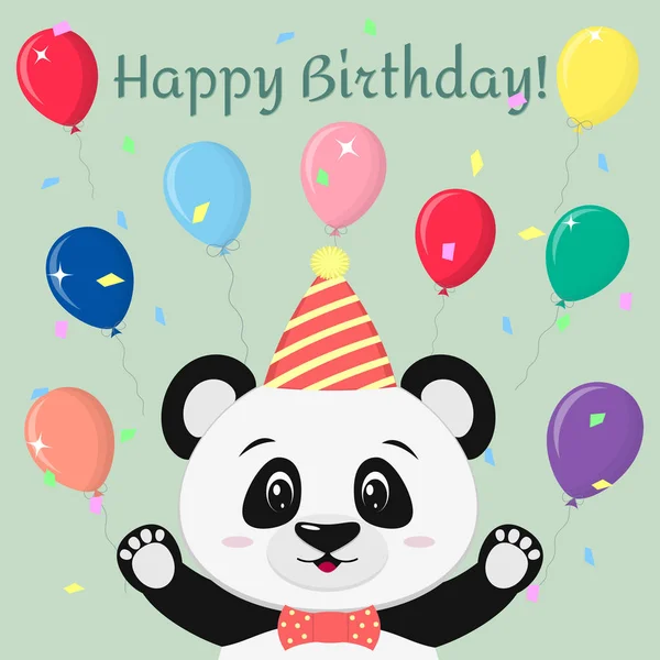 Un dolce panda con cappello a farfalla e cravatta poggia con le braccia alzate sullo sfondo di palloncini in stile cartone animato . — Vettoriale Stock
