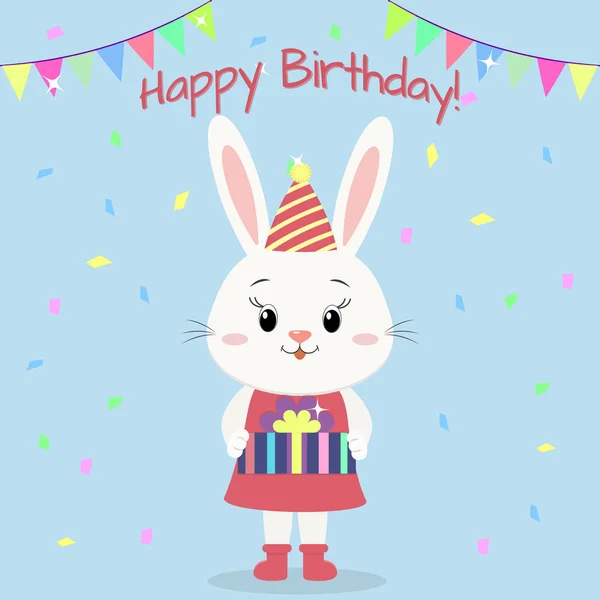 Ein weißes Kaninchen in Kleid und Kapuze steht und hält eine Geschenkbox in den Pfoten. Alles Gute zum Geburtstag. — Stockvektor