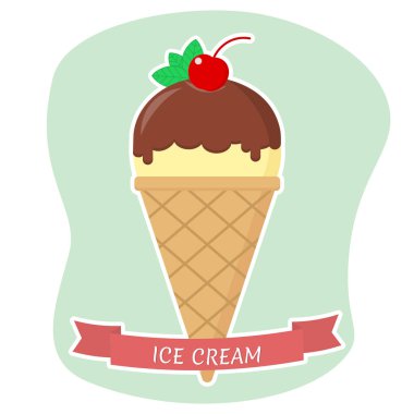 Dondurma waffle koni düz simgesi kırmızı kurdele ile arka plan üzerinde beyaz İnmede.