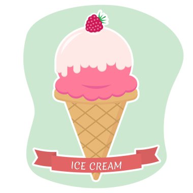 Dondurma waffle koni düz simgesi kırmızı kurdele ile arka plan üzerinde beyaz İnmede.