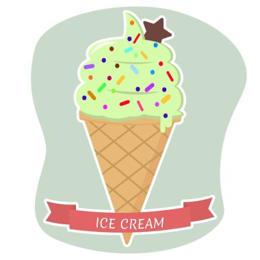 Dondurma waffle koni düz simgesi kırmızı kurdele ile arka plan üzerinde beyaz İnmede.