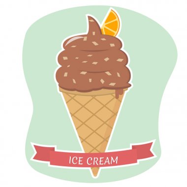 Dondurma waffle koni düz simgesi kırmızı kurdele ile arka plan üzerinde beyaz İnmede.