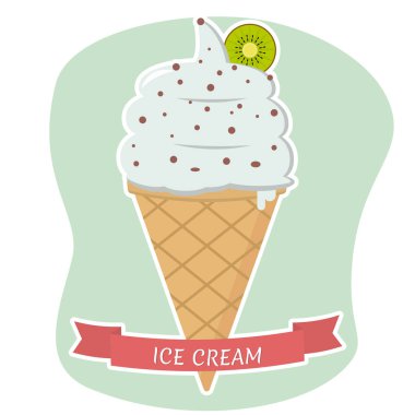 Dondurma waffle koni düz simgesi kırmızı kurdele ile arka plan üzerinde beyaz İnmede.