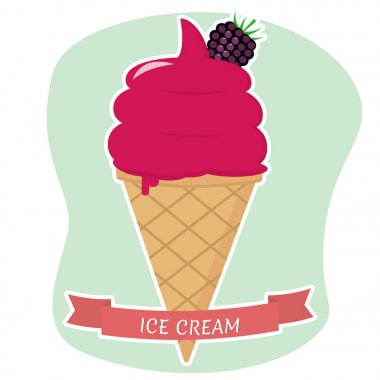 Dondurma waffle koni düz simgesi kırmızı kurdele ile arka plan üzerinde beyaz İnmede.