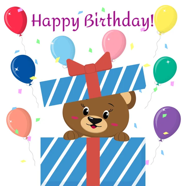 L'orso bruno sbircia fuori dalla confezione regalo sullo sfondo dei palloncini. Buon compleanno. . — Vettoriale Stock