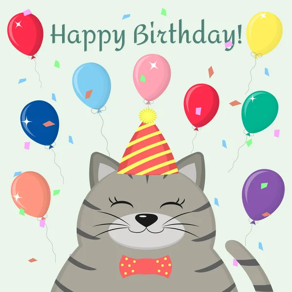 Een grijze kat GLB en strikje zit tegen een achtergrond van ballonnen in een cartoon-stijl. Proficiat met je verjaardag. — Stockvector