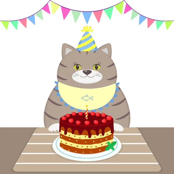 A gray fat cat in an apron and a cap sits at the table and eats a cake. Happy Birthday. — Stock Vector