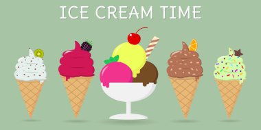 Beş farklı tatlı dondurma metin ile bir arka plan üzerinde bir dizi.