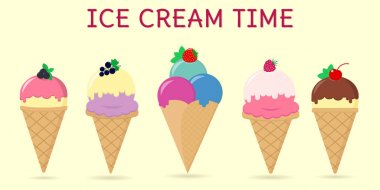 Beş farklı tatlı dondurma metin ile bir arka plan üzerinde bir dizi.