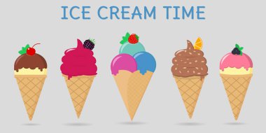 Beş farklı tatlı dondurma metin ile bir arka plan üzerinde bir dizi.