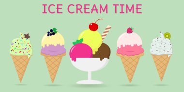 Beş farklı tatlı dondurma metin ile bir arka plan üzerinde bir dizi.