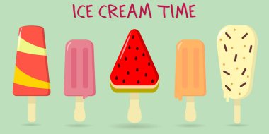 Beş farklı tatlı dondurma metin ile bir arka plan üzerinde bir dizi.